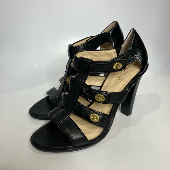 Coach Tamarah gladiator heels turn lock closures black leather size 10 luxury - Picture 1 of 7